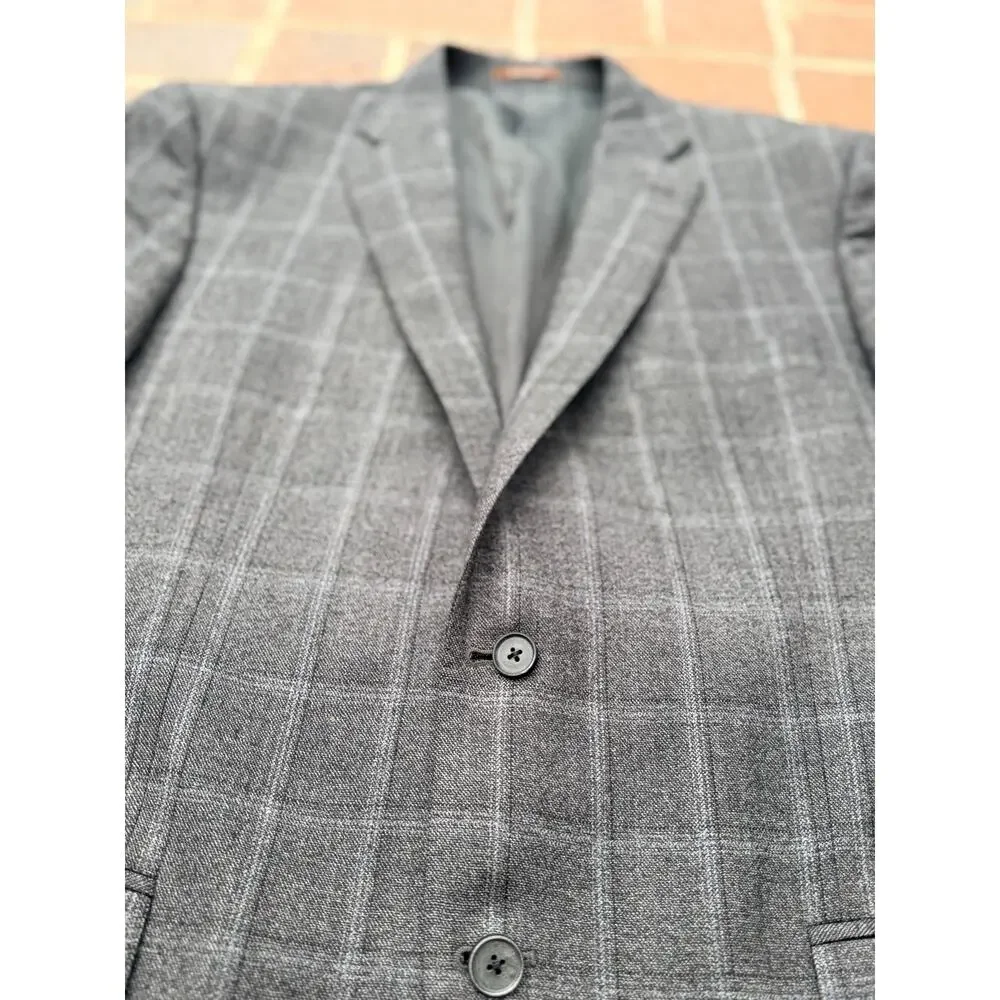 Peter Millar Sport Coat Mens 44T Gray Wool Check Two Button Blazer Business